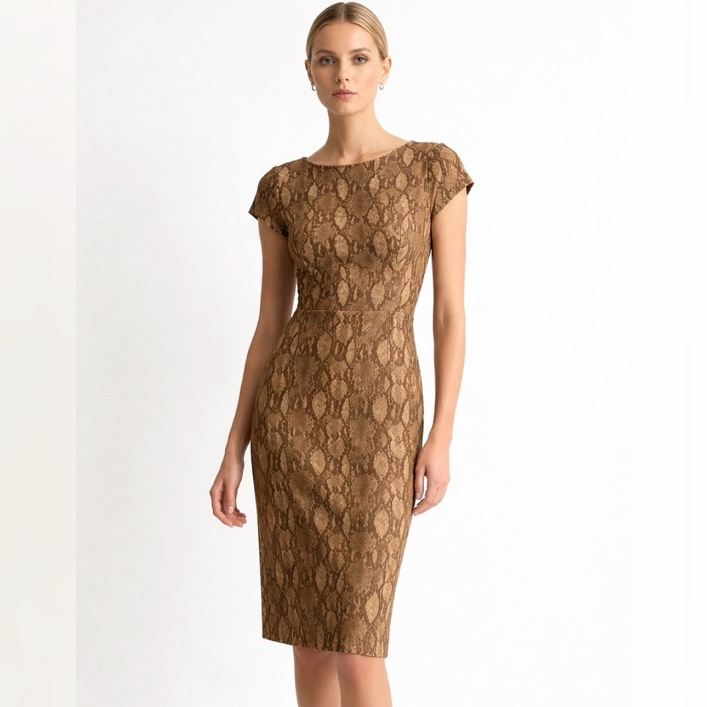 Lauren Ralph Lauren Brown Snakeskin Sheath Dress S 90s Minimalist Midi